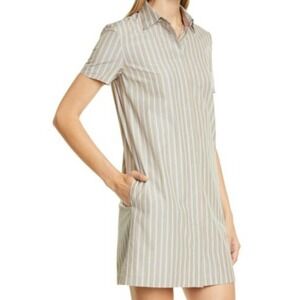 Theory Olive Green Ribbon Striped Shirt Dress with Pockets